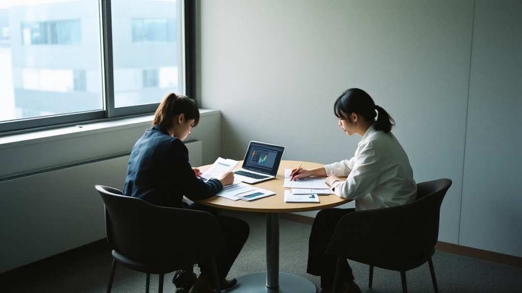打ち合わせ室で、印刷した資料とノートパソコンの数表を2人で確認している様子