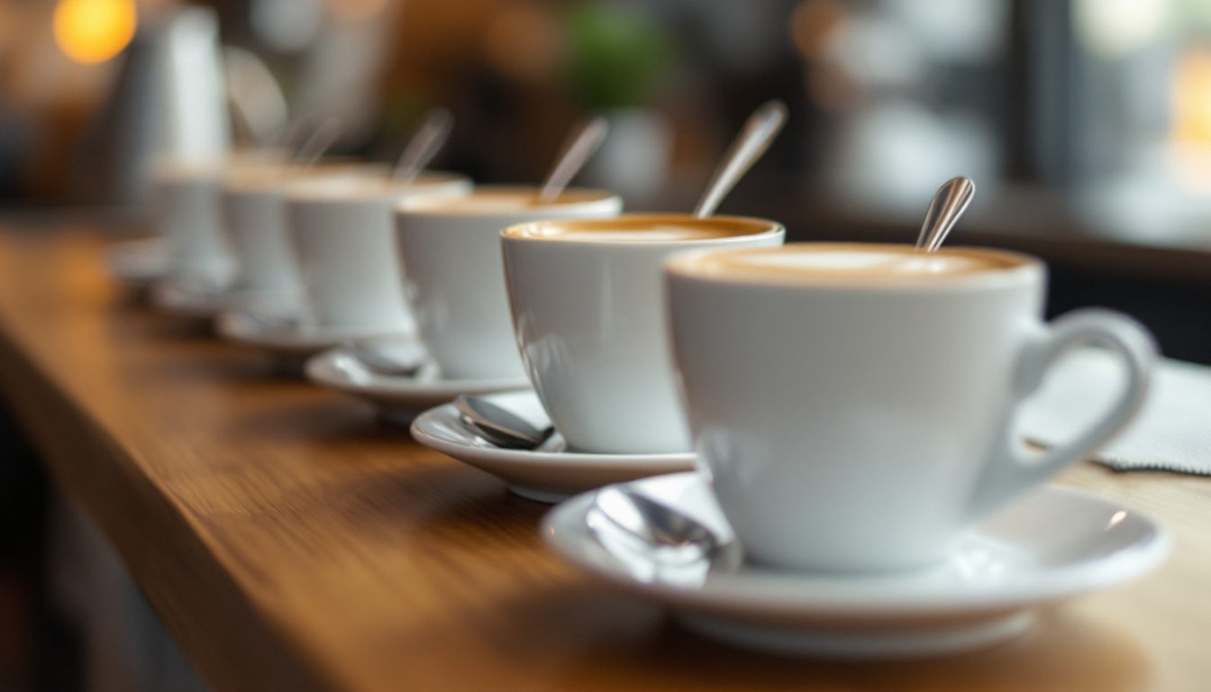 同じ配置で並ぶコーヒーカップ
