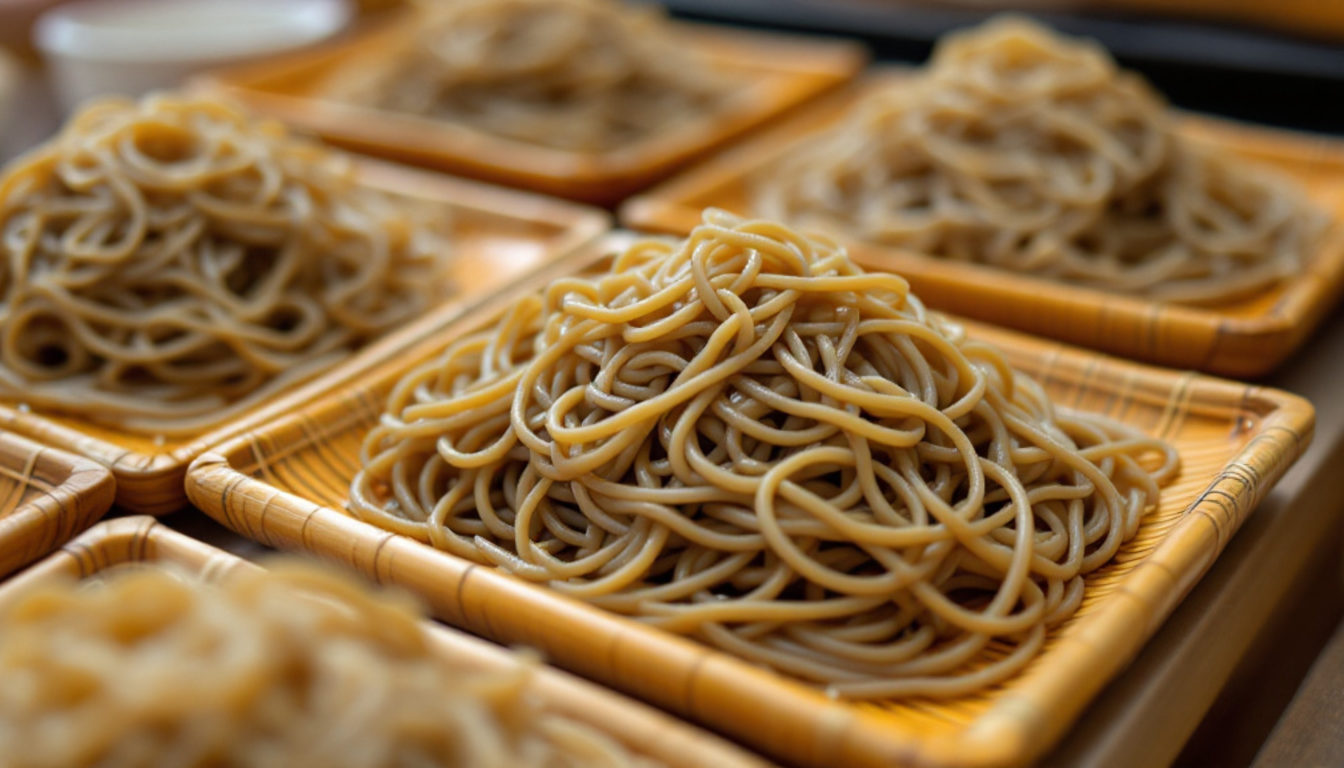 同じ量でせいろに盛られたそば