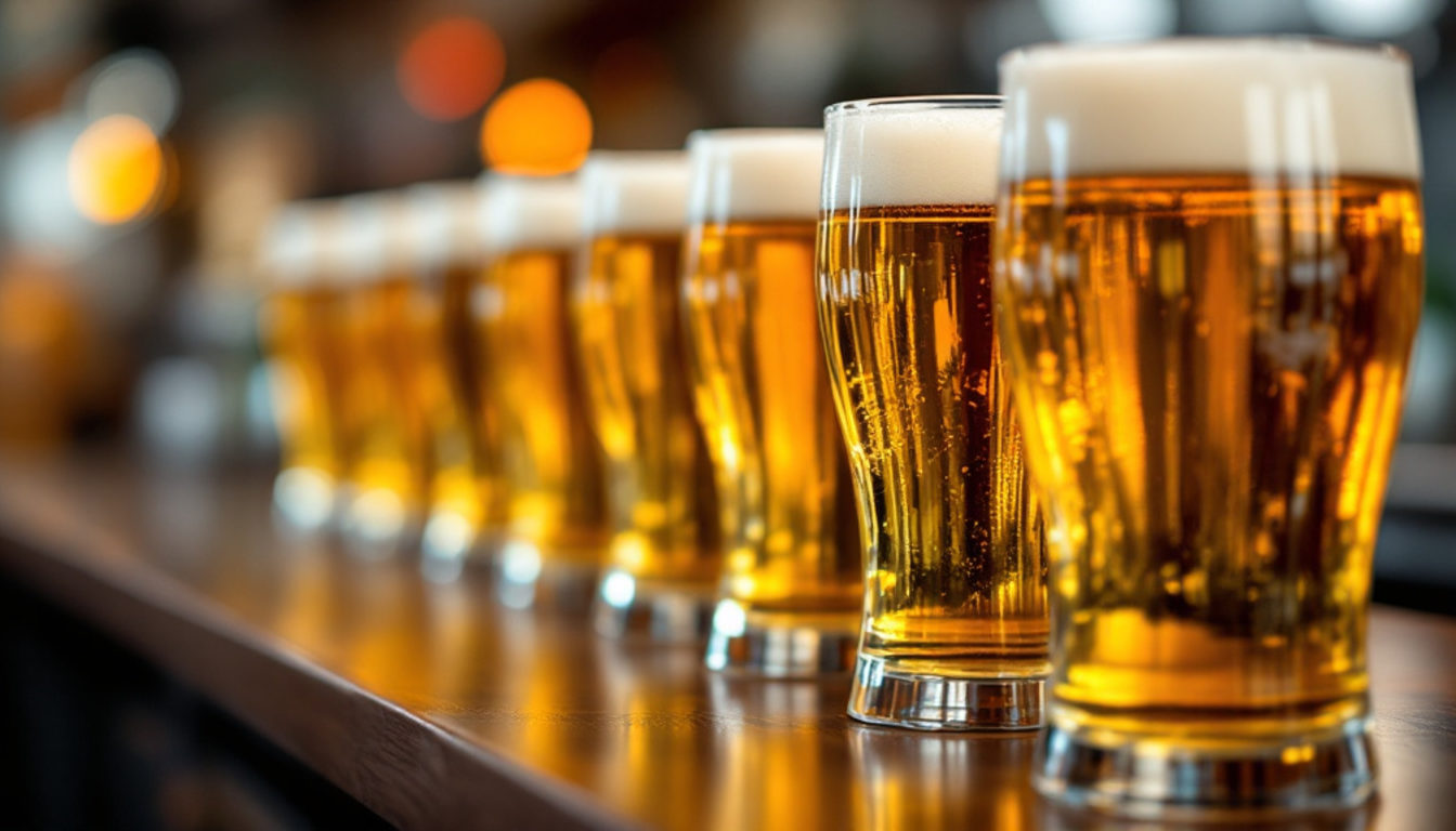 同じ量で注がれて並ぶビール