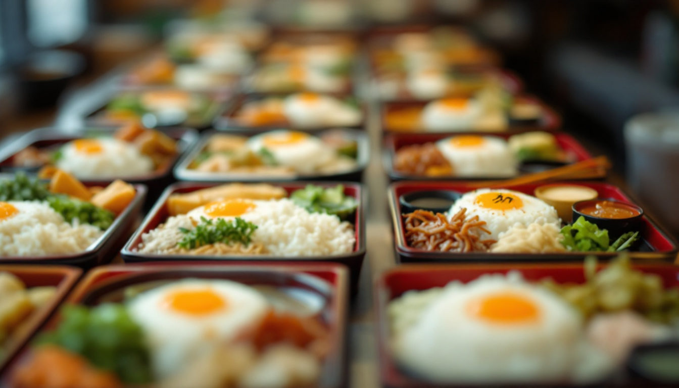 同じ配置で並ぶ定食のトレー
