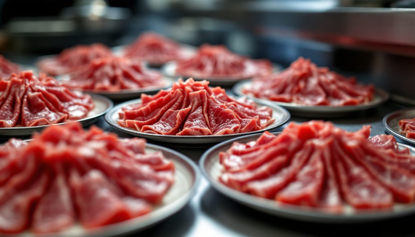同じ扇形の盛り付けで並ぶ焼肉の肉皿