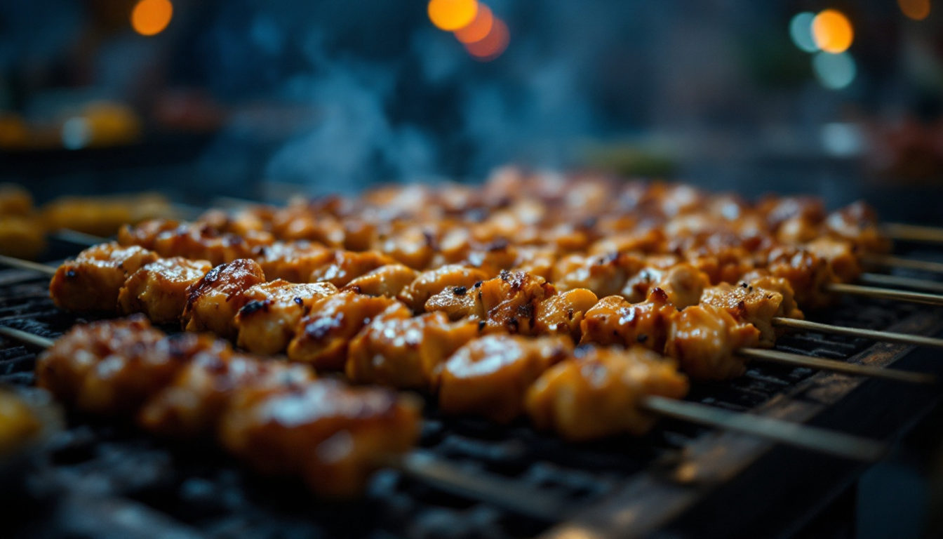 同じ串打ちで炭火に並ぶ焼き鳥