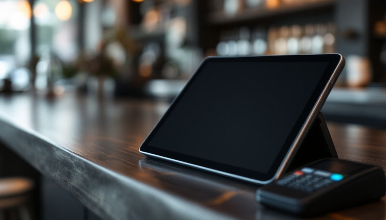 カウンターに置かれたタブレットPOSと決済端末