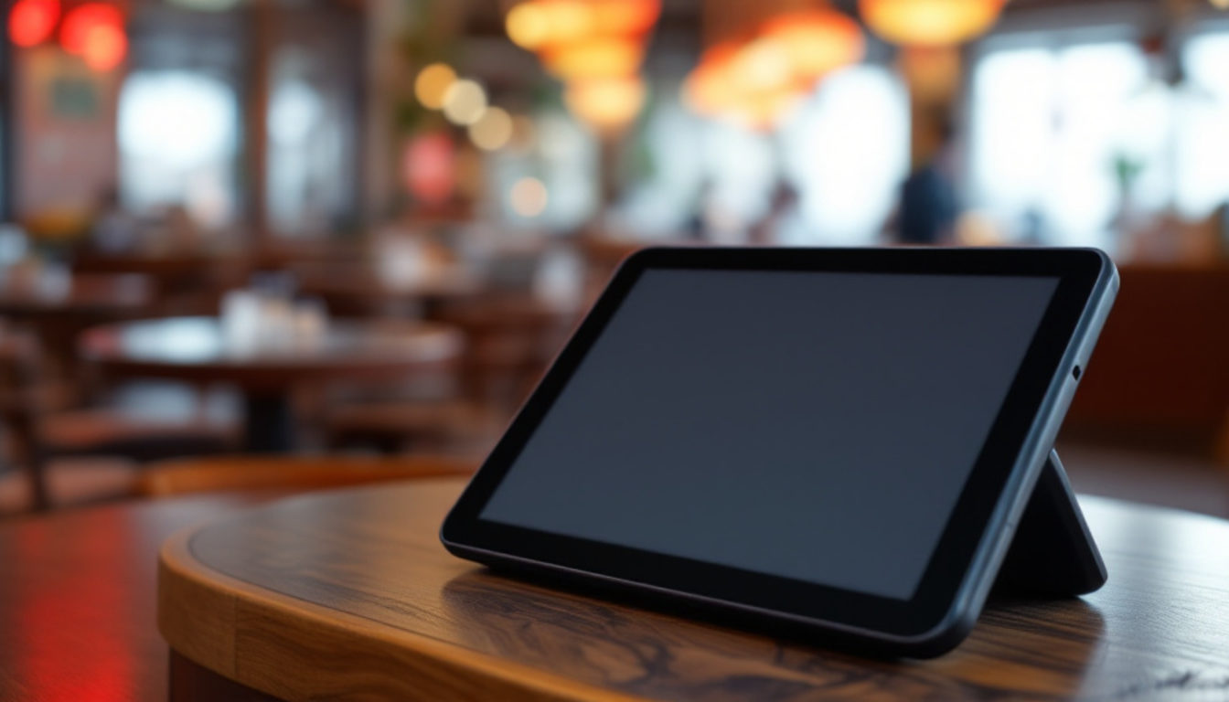 円卓を背にしたカウンターのタブレットPOS