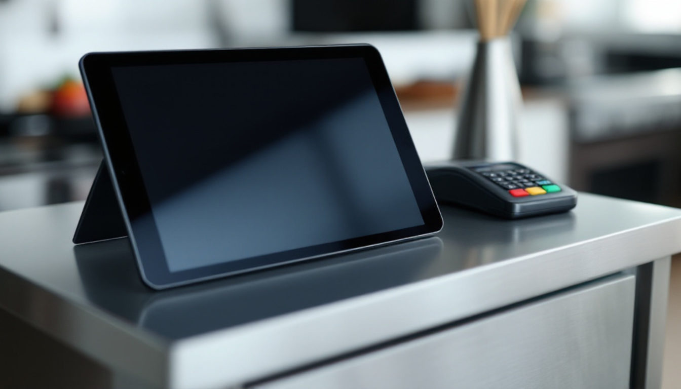 持ち帰り店のカウンターに置かれたタブレットPOSと決済端末