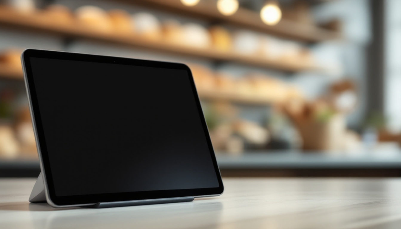 パンの陳列棚を背にしたタブレットPOS