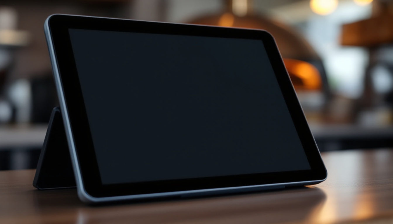 ピザ窯を背にしたカウンターのタブレットPOS