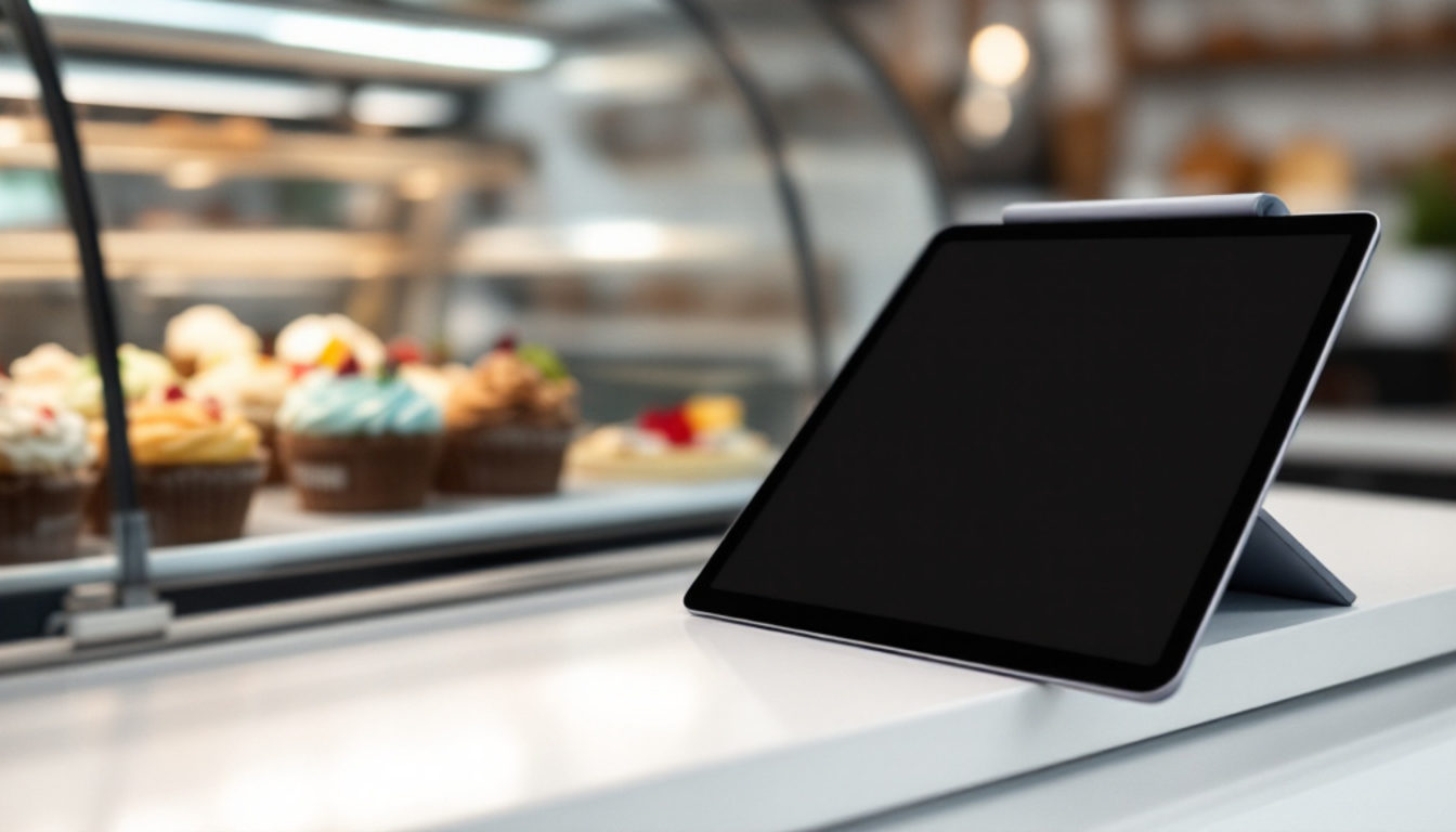 デザートのショーケース横に置かれたタブレットPOS