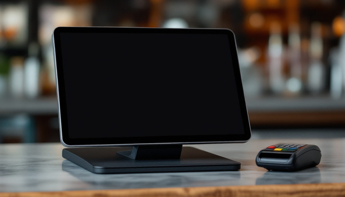 立ち飲みのカウンターに置かれたタブレットPOSと決済端末