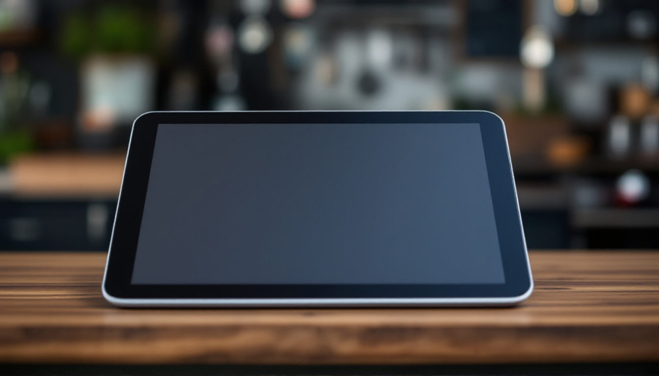 炭火の焼き台に面したカウンターのタブレットPOS