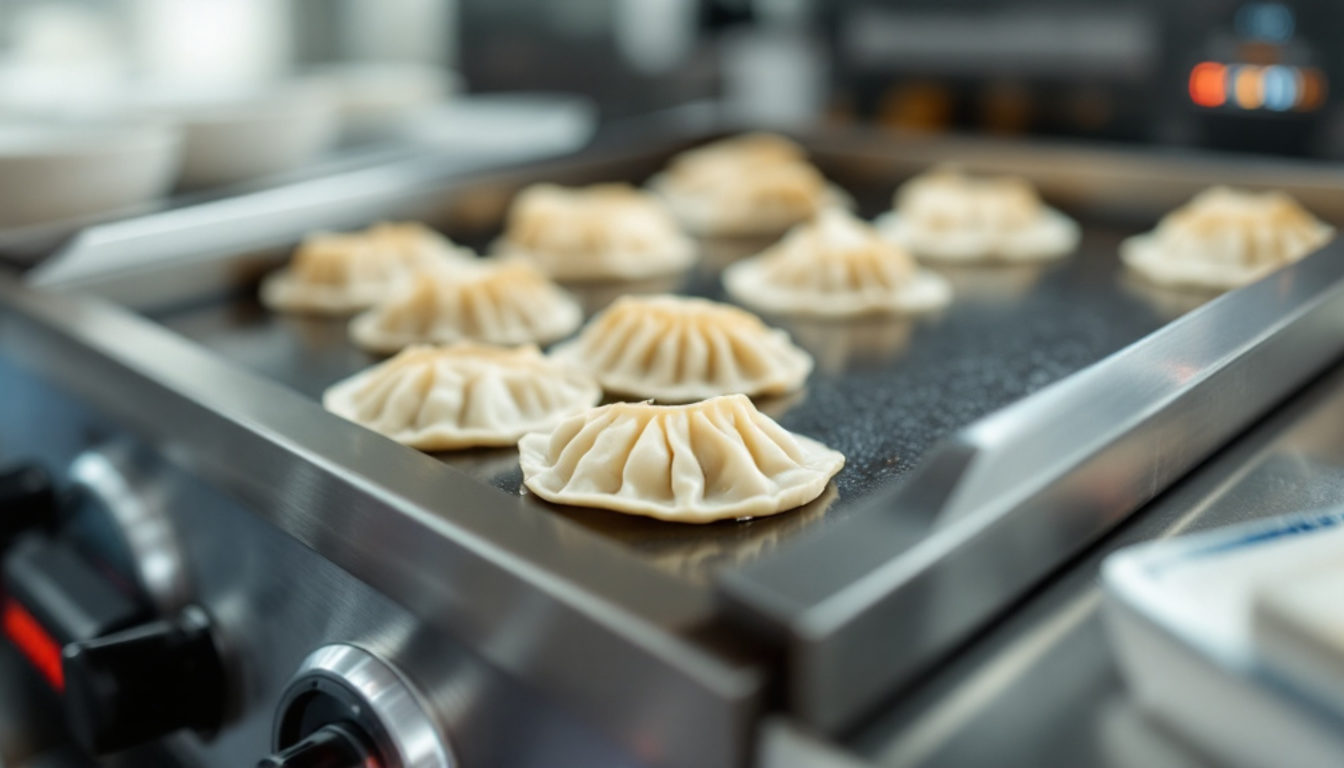 餃子を並べた業務用の焼き台