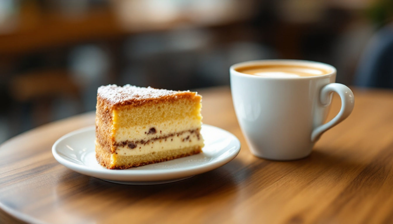 飲みかけのラテの横に置かれたケーキ皿
