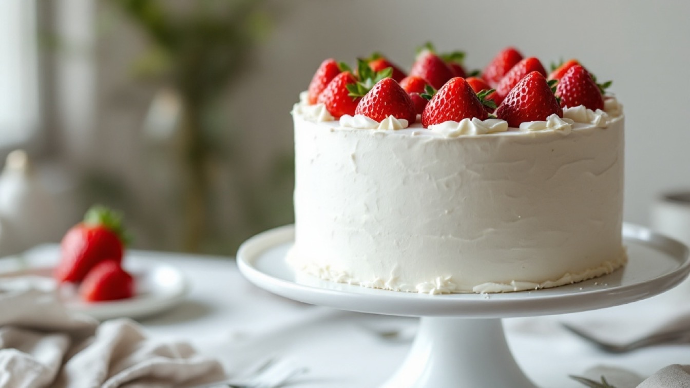 白いクリームで覆われ、いちごが並んだホールケーキ