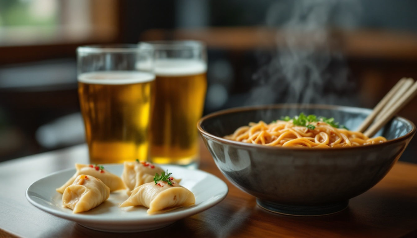 ラーメンの横に置かれた餃子とビール