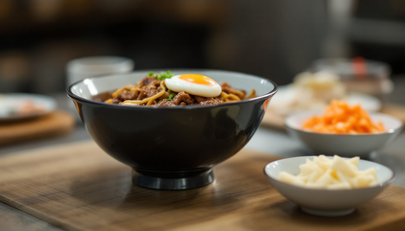 牛丼に追加する卵やキムチの小皿