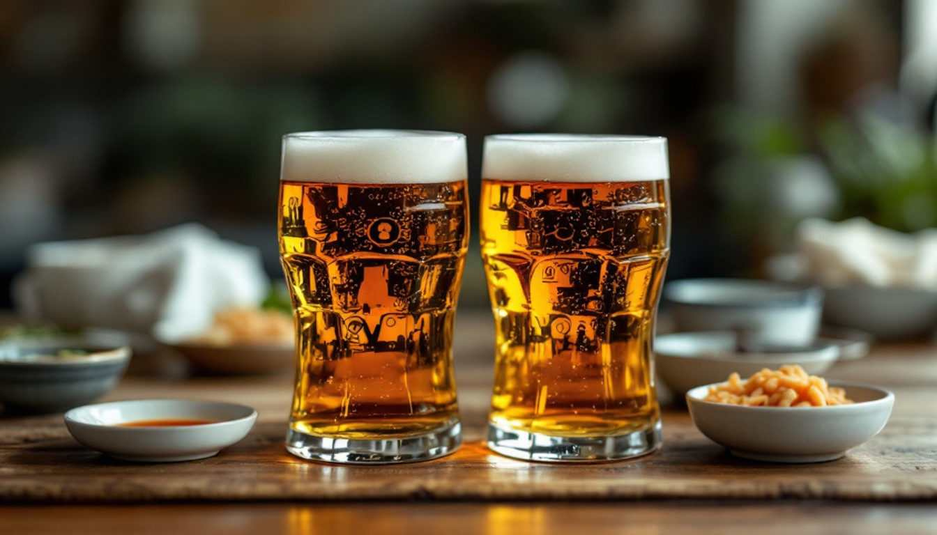 小皿が並ぶテーブルに運ばれた2杯目のビール