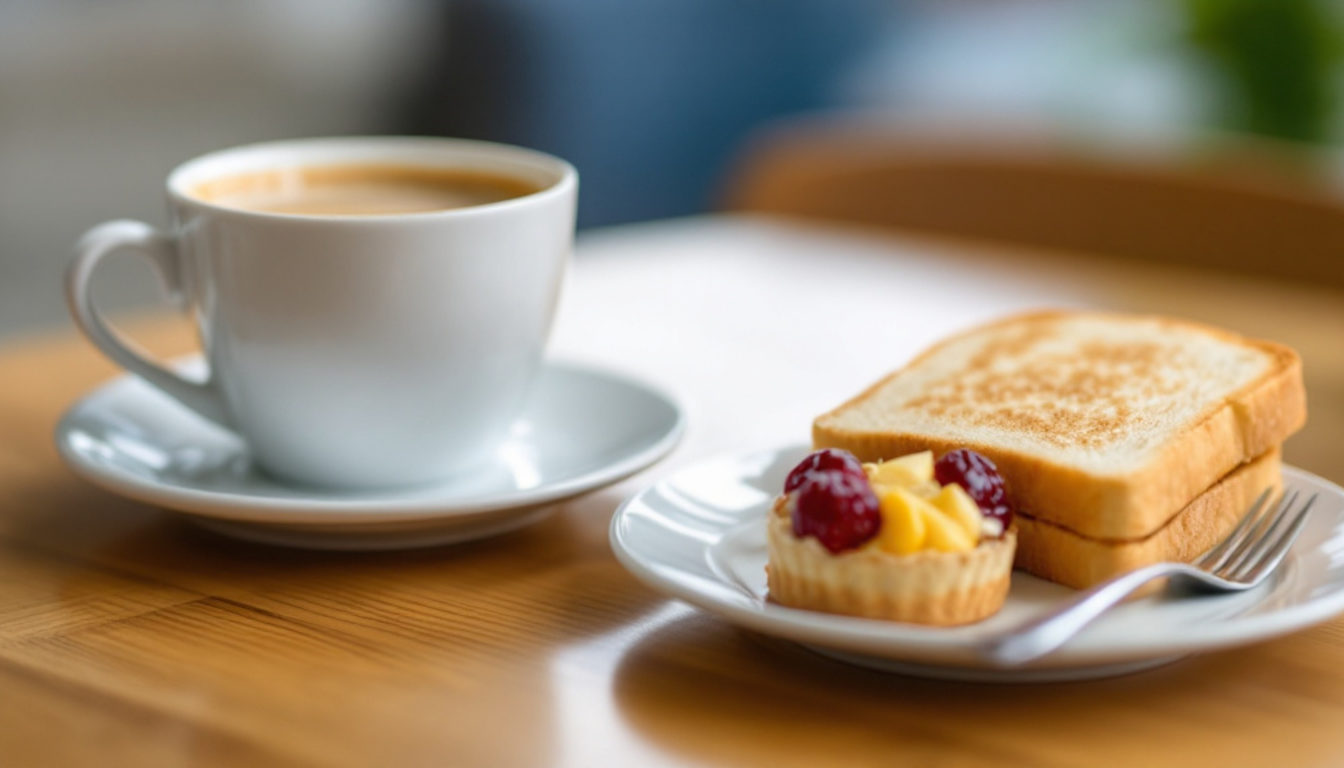 コーヒーの横に置かれたトーストとデザート