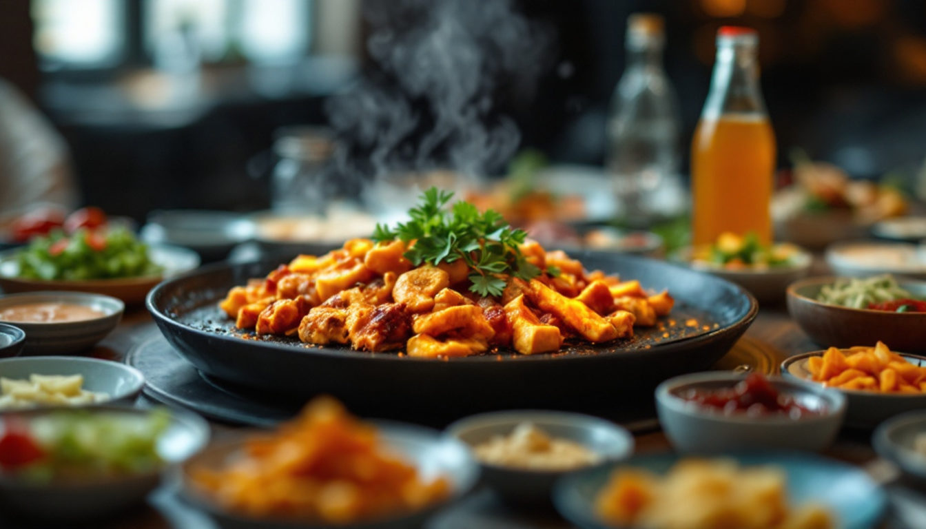 副菜に囲まれたメイン料理とドリンク