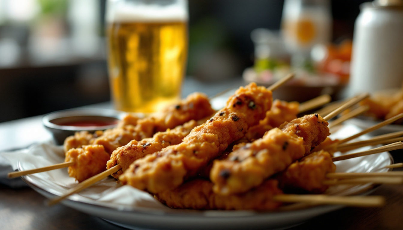 カウンターに並ぶ串カツの盛り合わせとビール