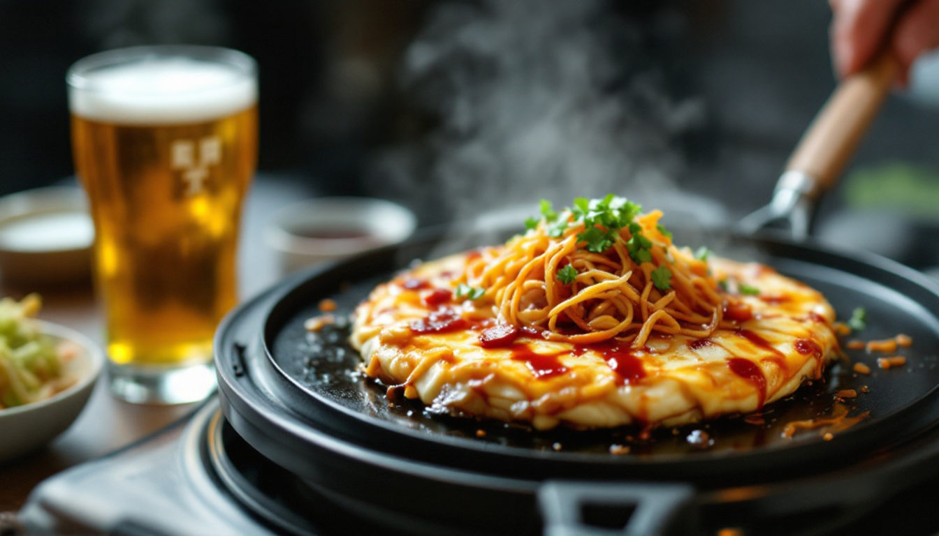 鉄板の上で焼かれる追加のお好み焼きとビール