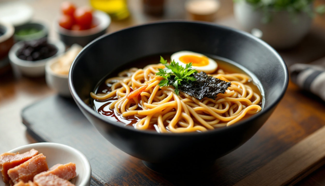 ラーメンの横に置かれた味玉とチャーシューのトッピング