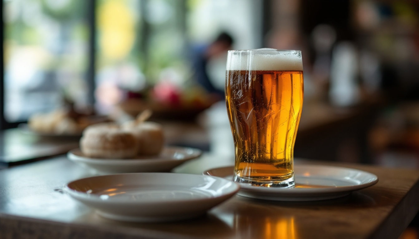 立ち飲みのカウンターに置かれた2杯目と小皿