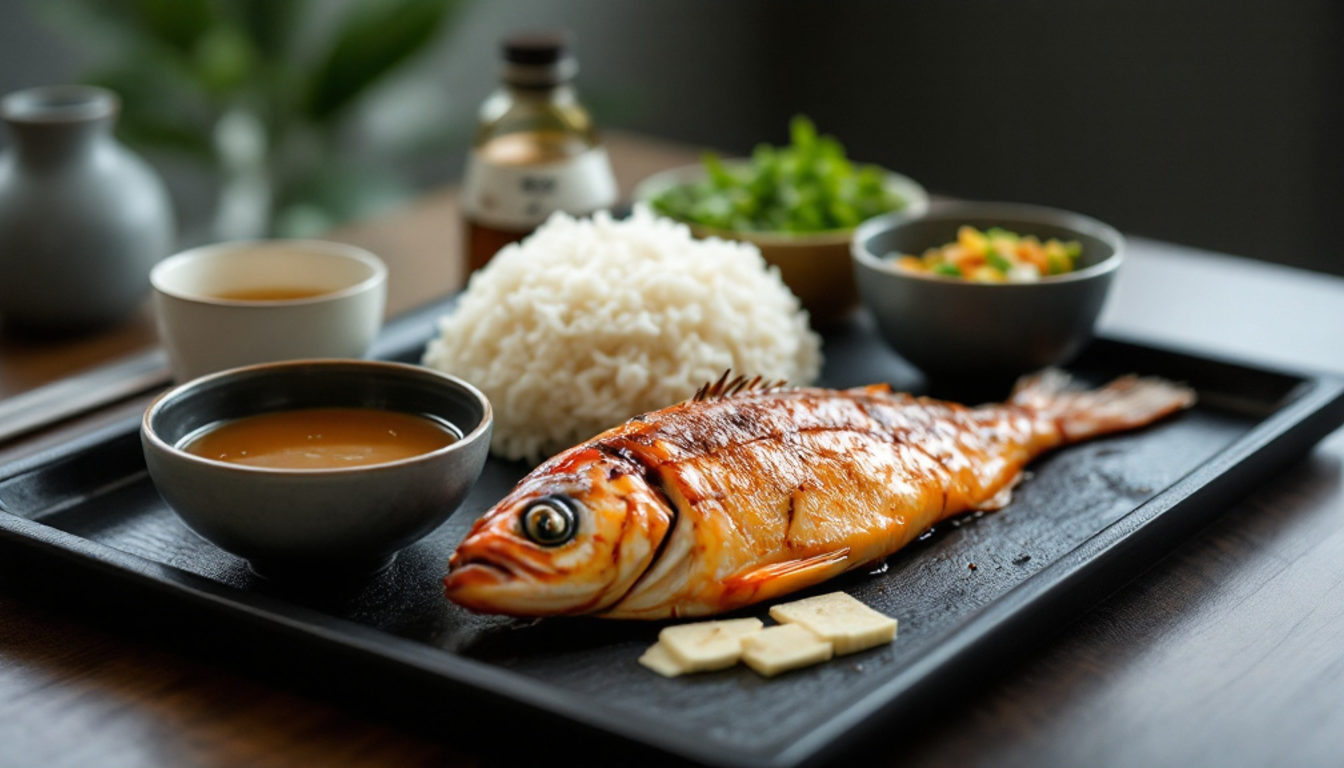 黒い膳に並ぶ定食と小鉢