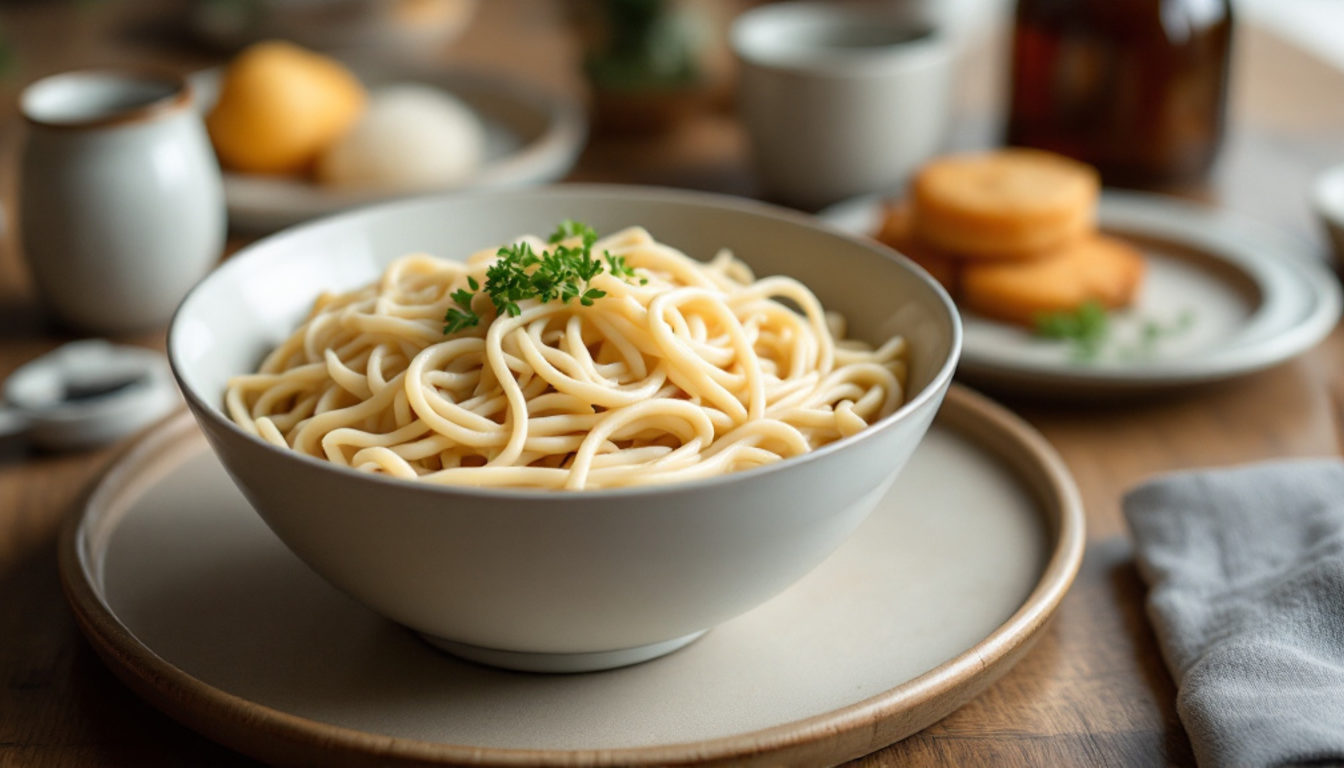 白い丼のうどんと、添えられた小皿