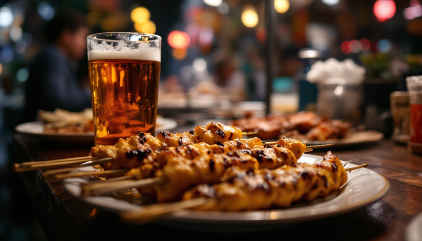 屋台の台に追加された焼き鳥とビール