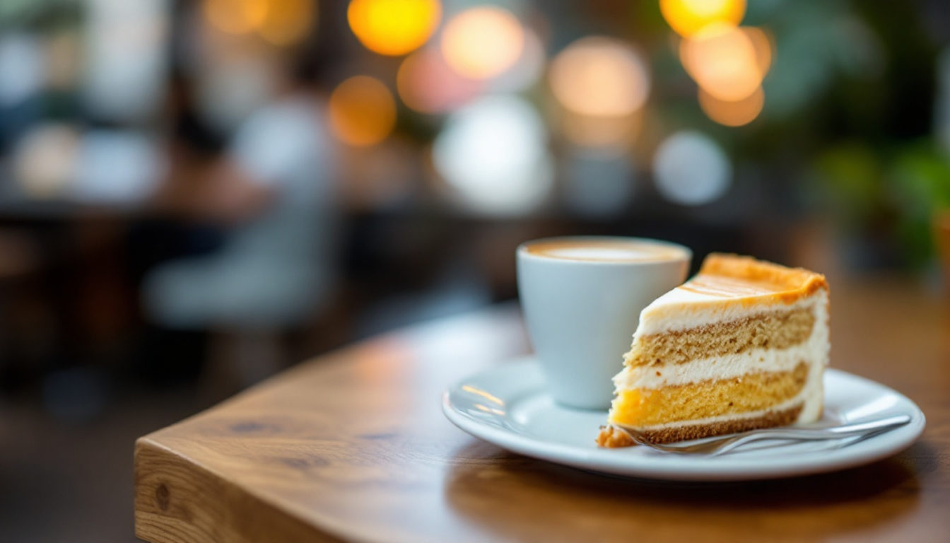 テーブルに置かれたラテとケーキ