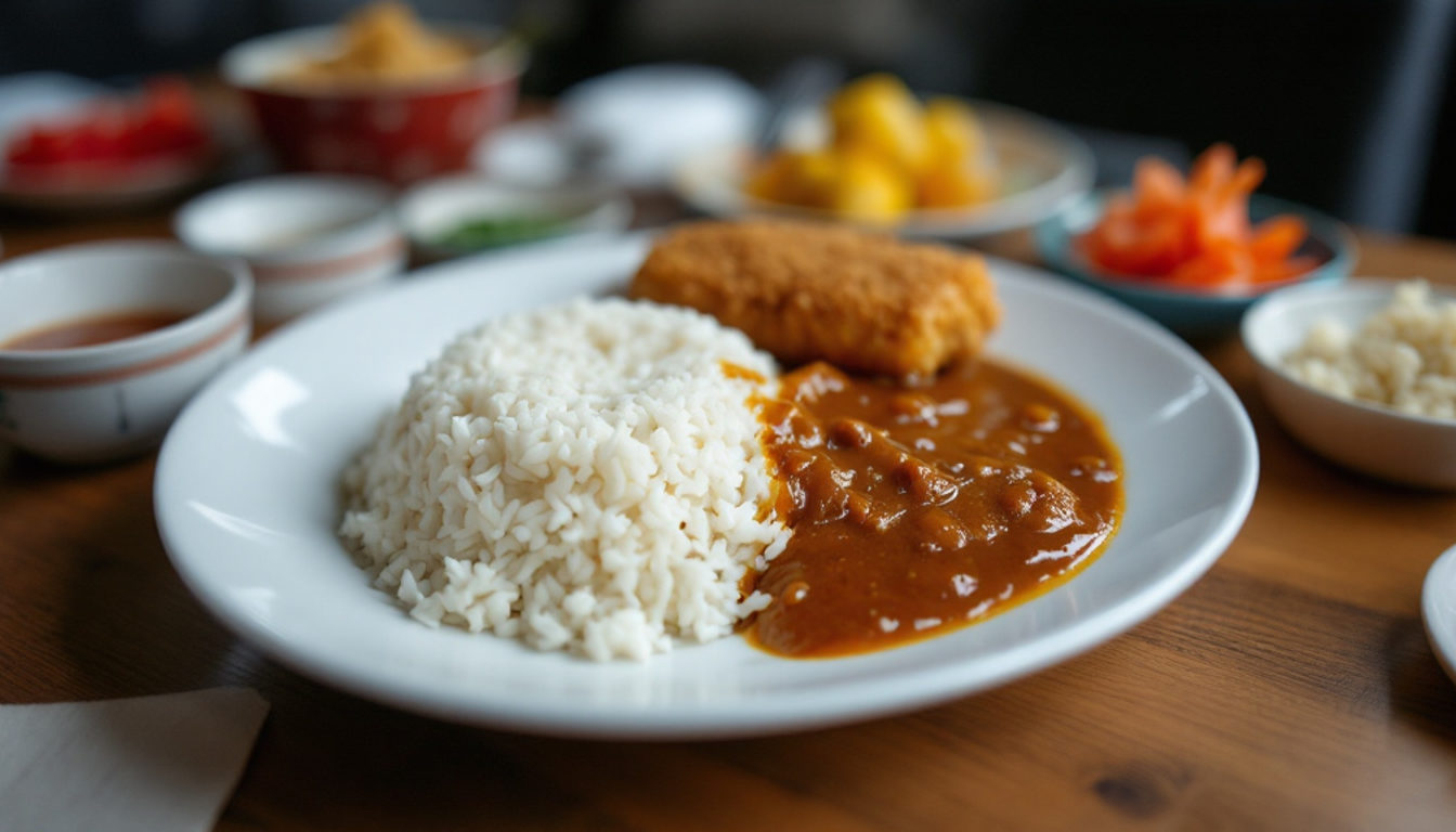 カウンターに置かれたカレーとトッピング、サラダ
