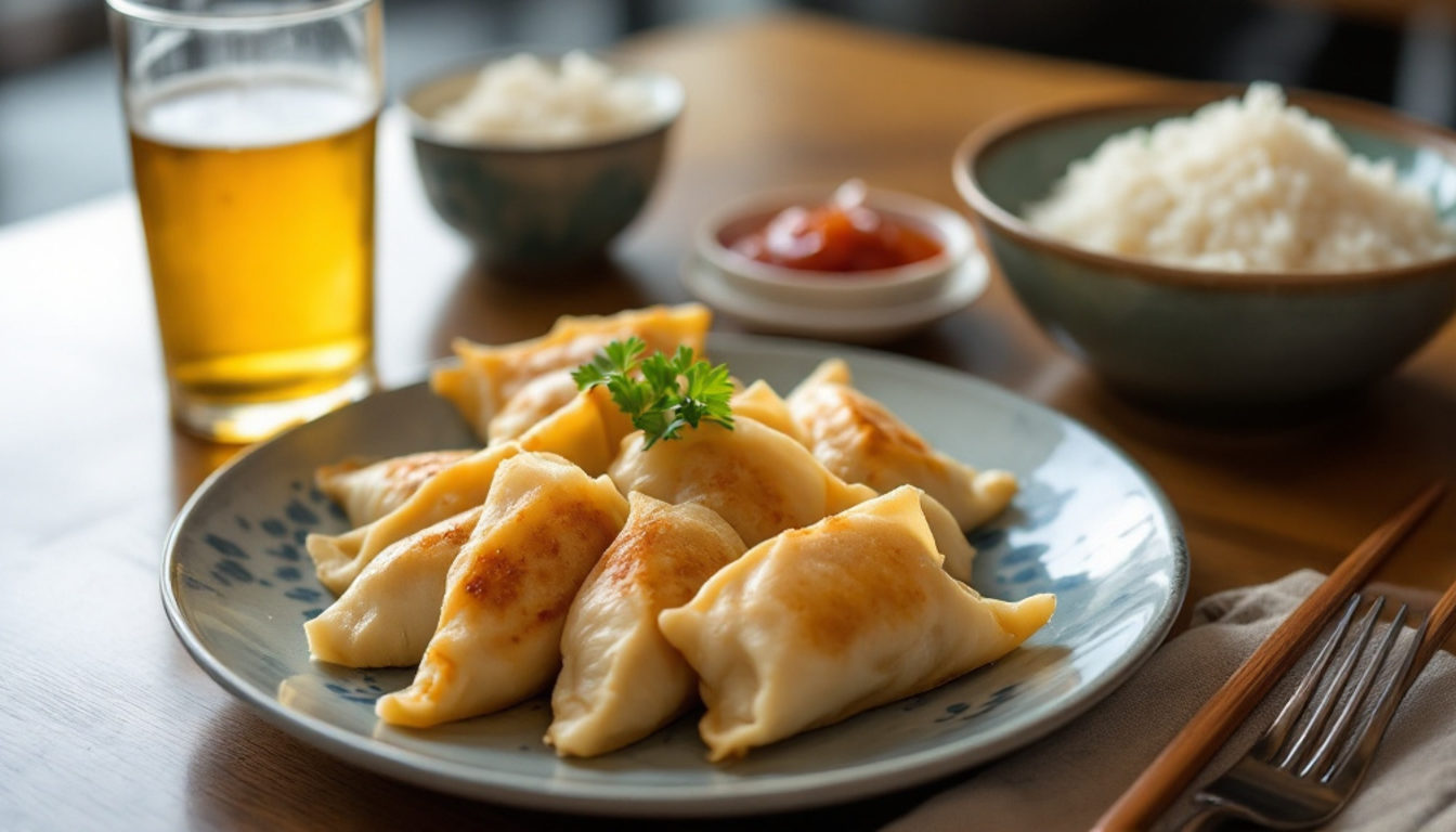 テーブルに並ぶ焼き餃子とご飯、ビール