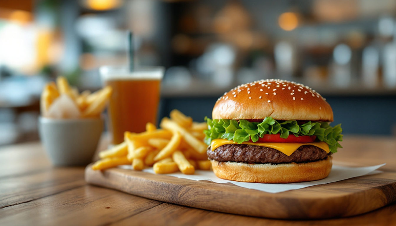 ボードに載ったバーガーとポテト、ドリンク