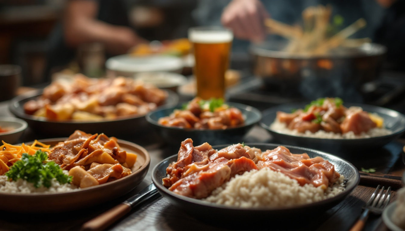 焼き台のあるテーブルに並ぶホルモンの皿とビール