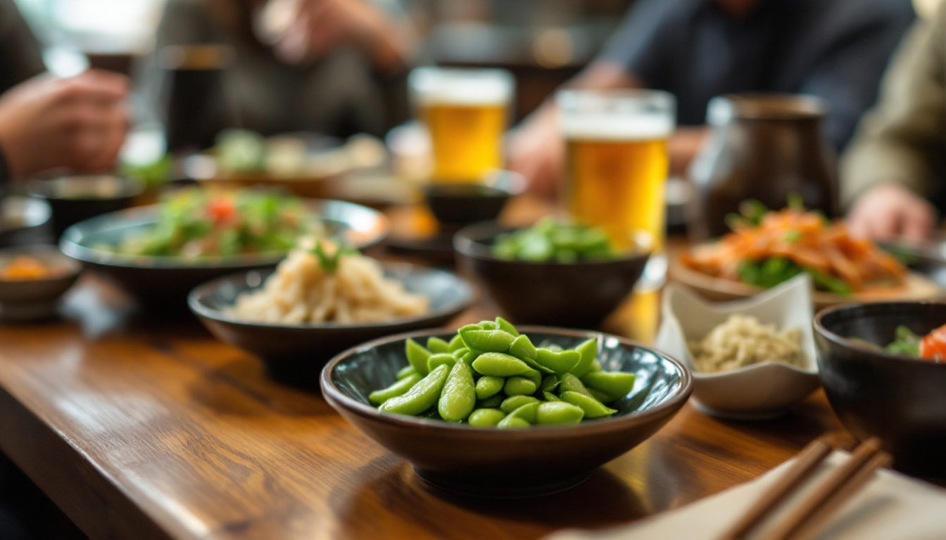 テーブルに並ぶ居酒屋の小皿とビール