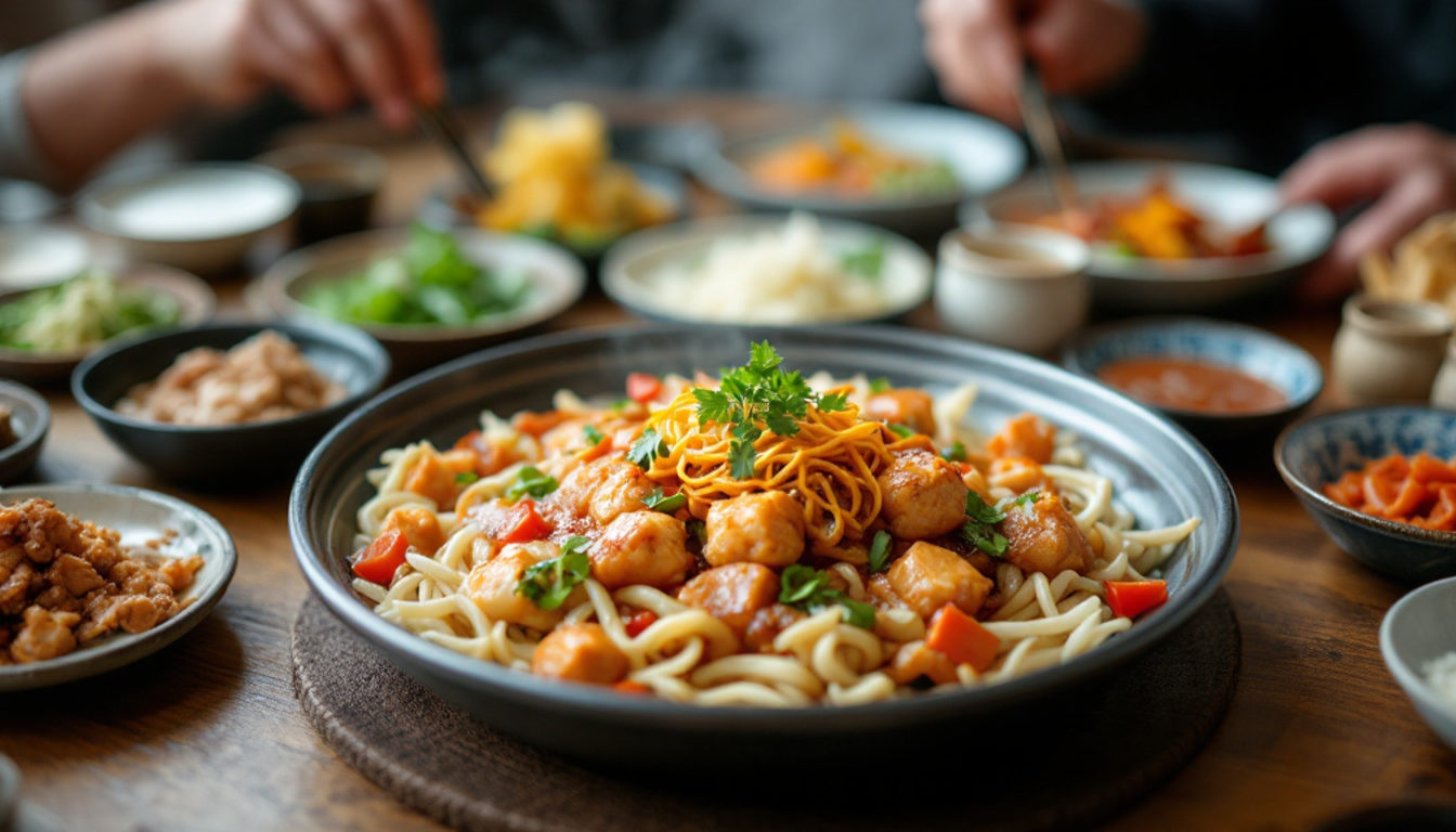 テーブルに並ぶ韓国料理のメインと副菜