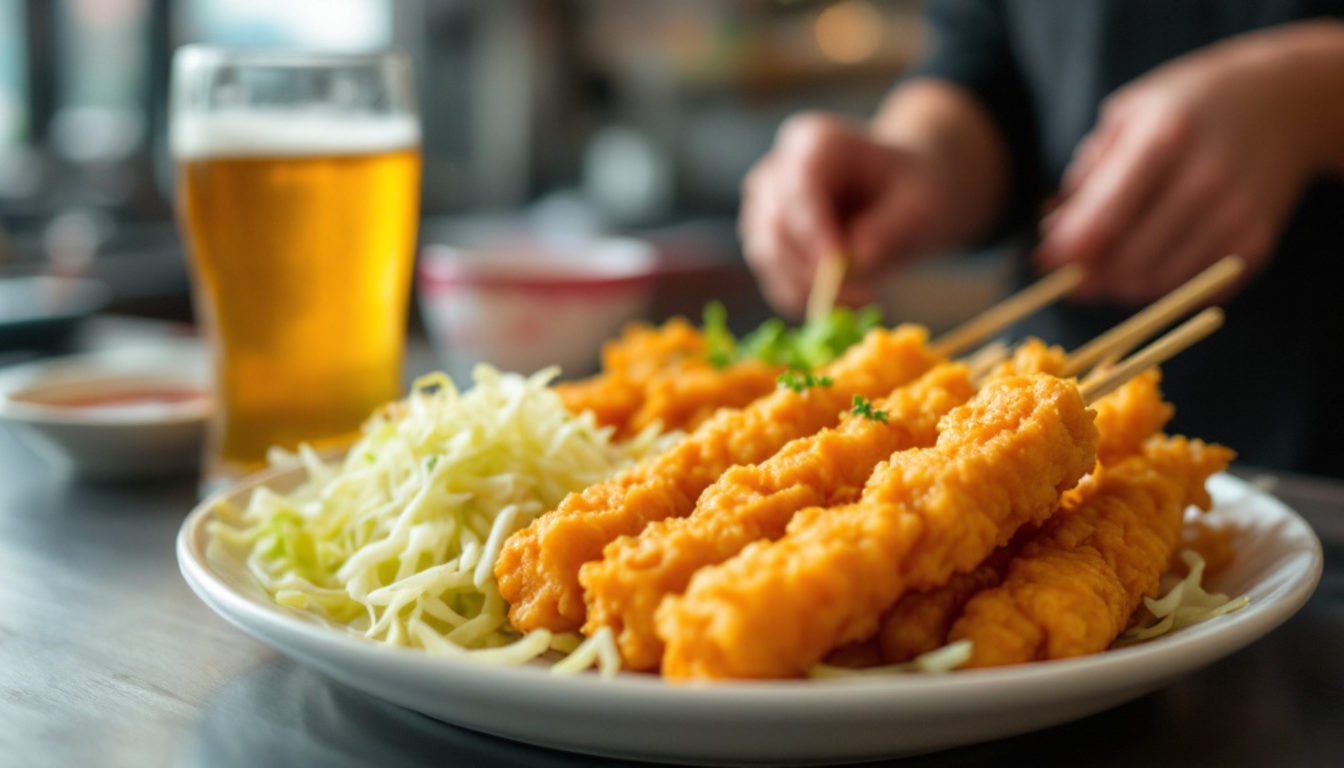 カウンターに並ぶ串カツとキャベツ、ビール