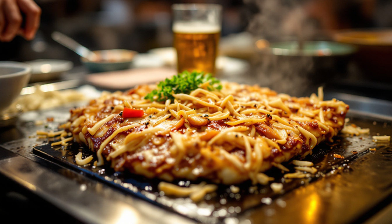 鉄板の上のお好み焼きとビール