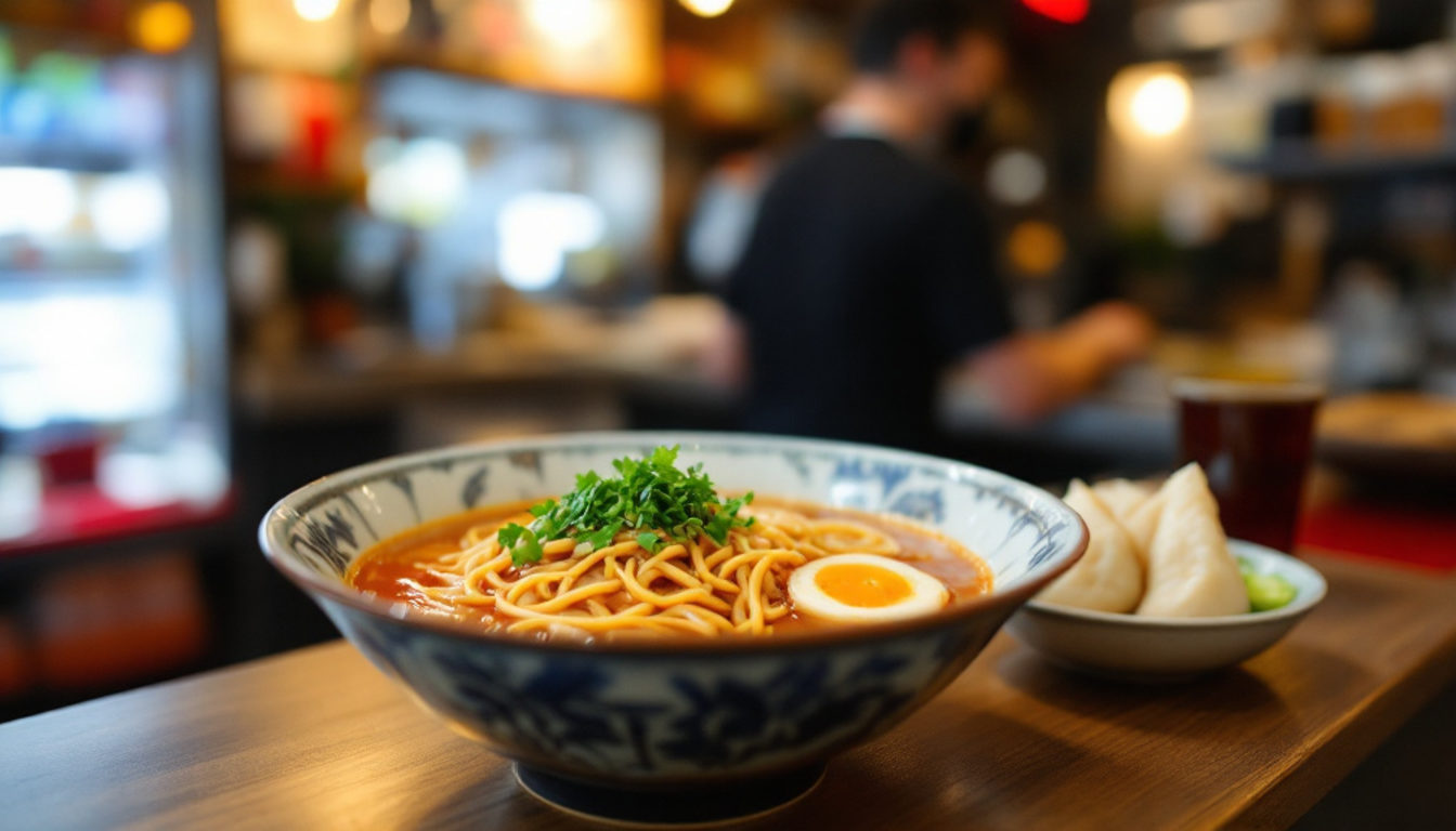 カウンターに並ぶラーメンと餃子、ご飯