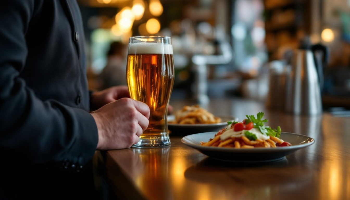 立ち飲みのカウンターに置かれたビールと小皿