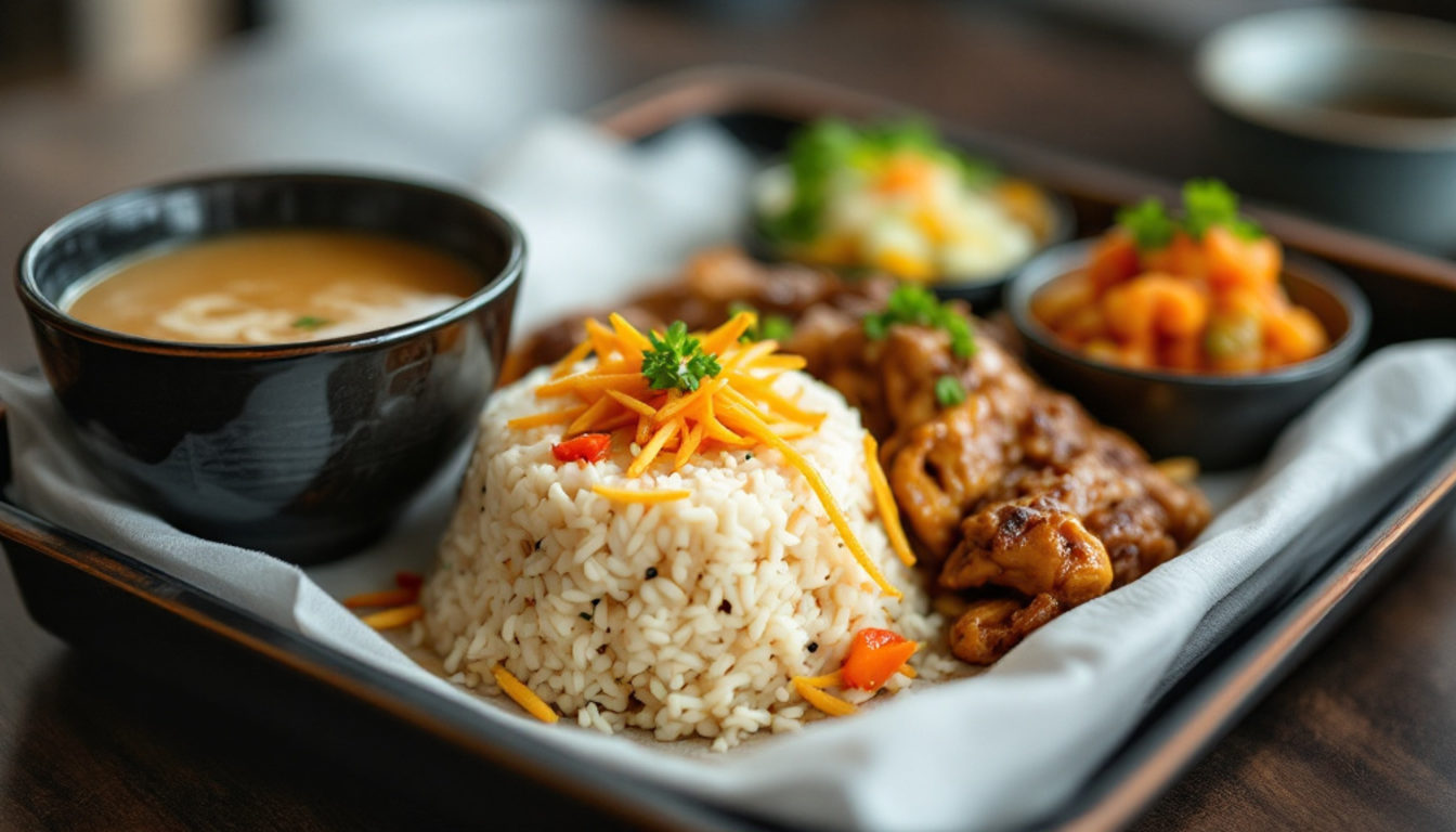 トレーに並ぶ定食一式