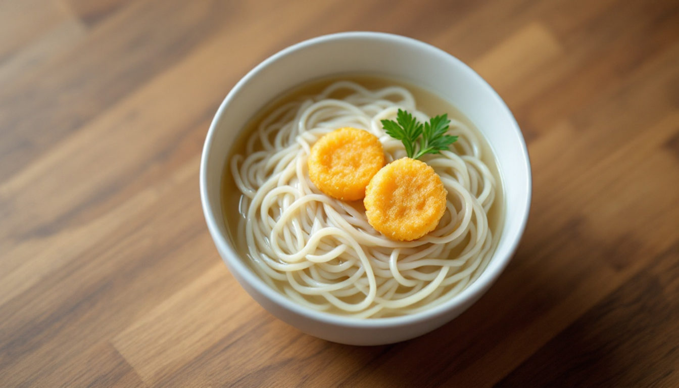白い丼に盛られたうどんと天ぷら