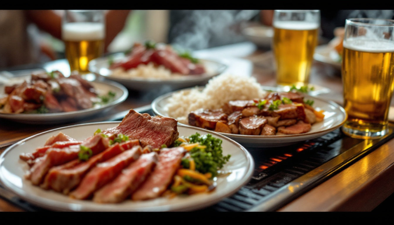 焼き台のあるテーブルに並ぶ肉の皿とビール