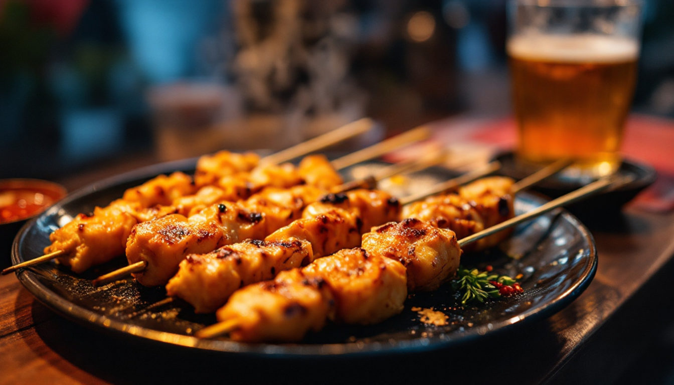 屋台の台に置かれた焼き鳥とビール