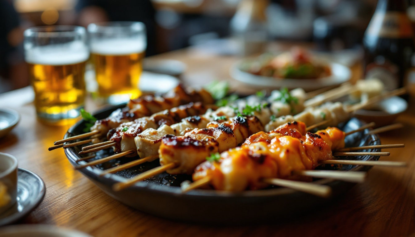 カウンターに置かれた焼き鳥の盛り合わせとビール