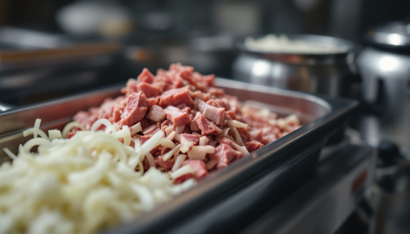 牛丼の仕込み台に並ぶ薄切り肉と玉ねぎ