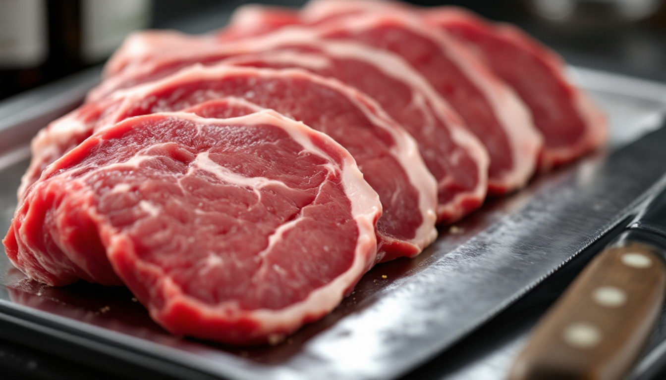 仕込み台に並ぶ厚切りの牛肉