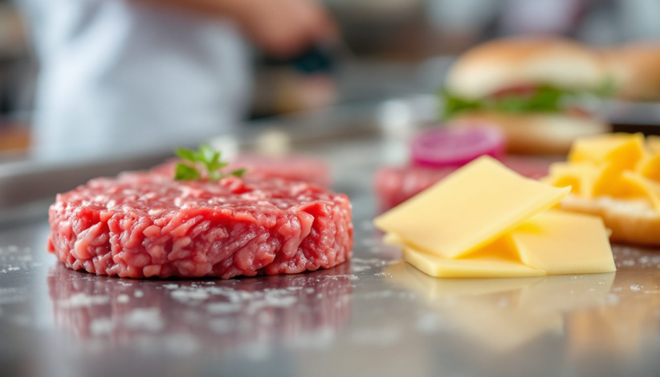 ハンバーガーの仕込み台に並ぶパティとバンズ