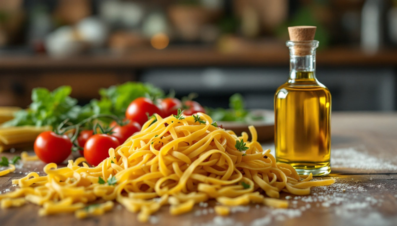 イタリアンの作業台に並ぶ生パスタとトマト